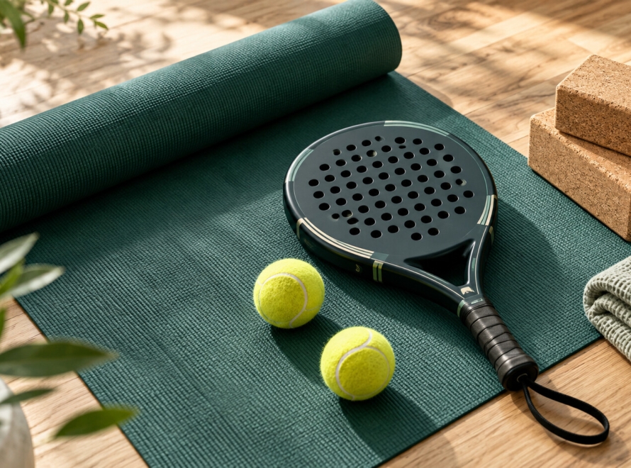 Padel racket and balls beside a green yoga mat and cork blocks.