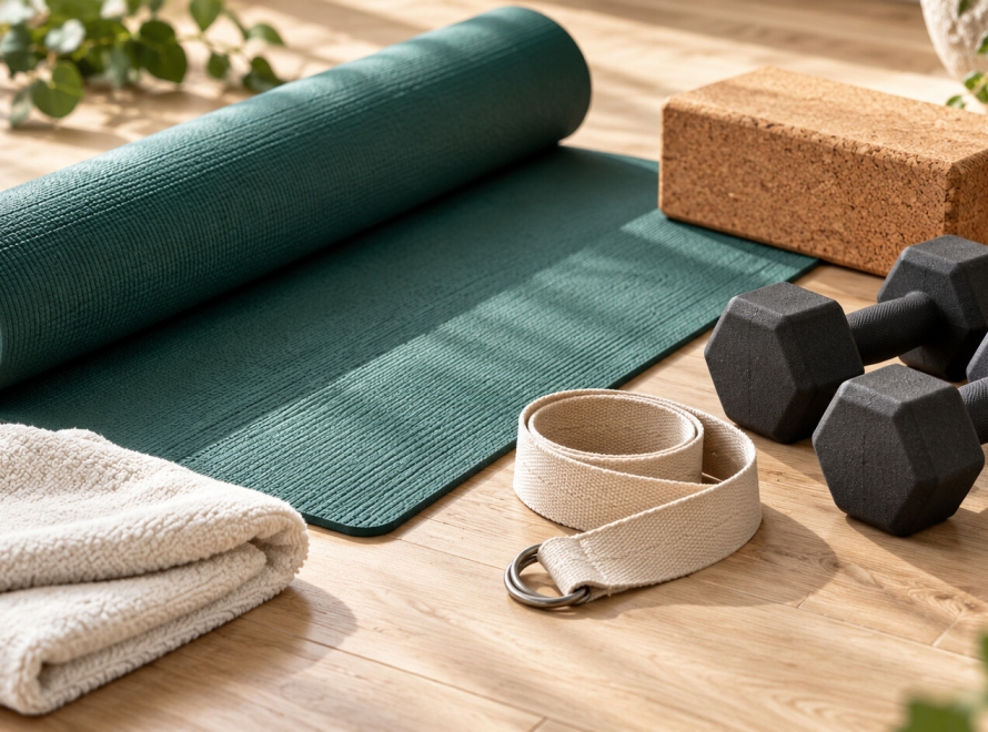 Dumbbells, yoga strap and cork block beside a green yoga mat.