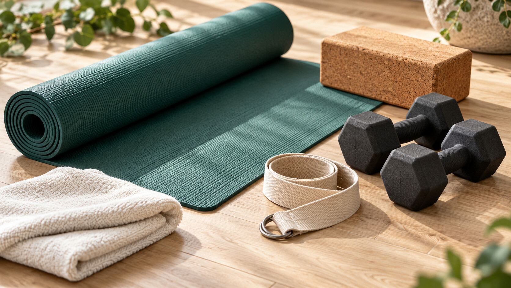 Dumbbells, yoga strap and cork block beside a green yoga mat.